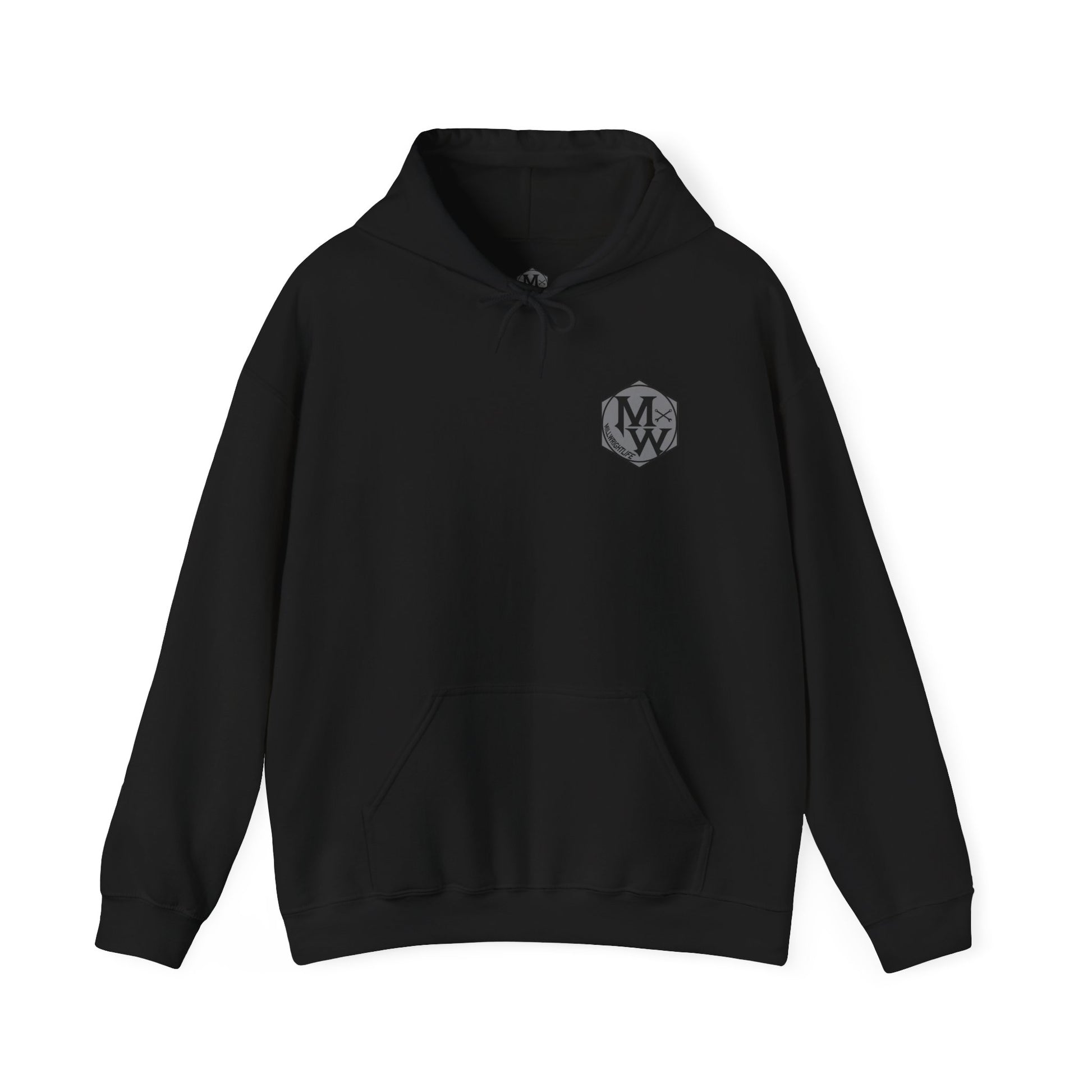 Black hoodie with Millwrightlife Bolt Logo on the front, specifically designed for millwrights looking for a humorous fashion statement.