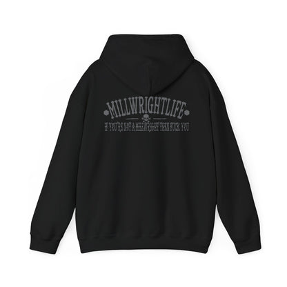Black hoodie with 'MillwrightLife' in distressed Grey letters, emphasizing pride in the millwright profession with a bold statement.