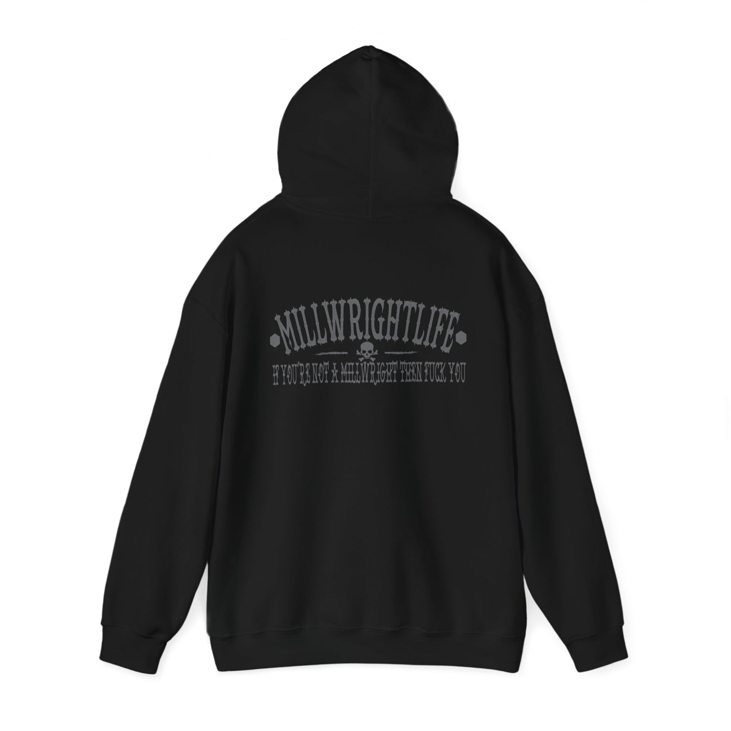 Black hoodie with 'MillwrightLife' in distressed Grey letters, emphasizing pride in the millwright profession with a bold statement.