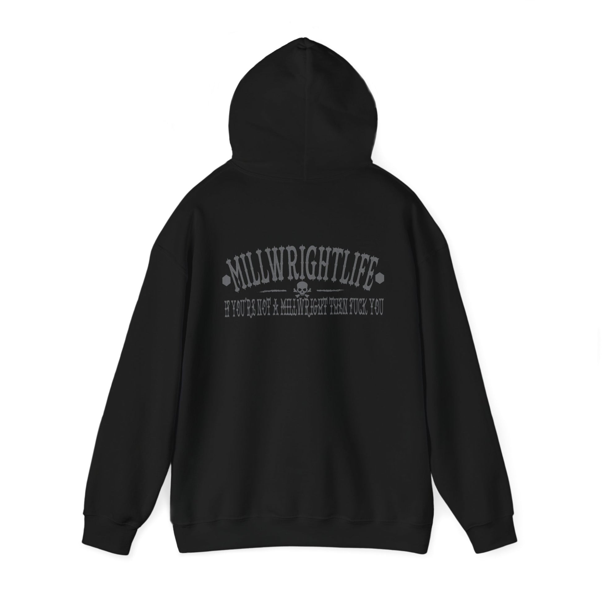 Black hoodie with 'MillwrightLife' in distressed Grey letters, emphasizing pride in the millwright profession with a bold statement.