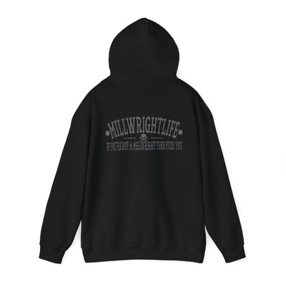 Black hoodie with 'MillwrightLife' in distressed Grey letters, emphasizing pride in the millwright profession with a bold statement.