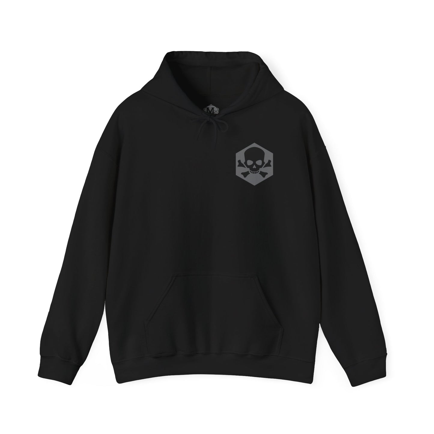 Black hoodie with a bolt head and skull and crossbones on the front. emphasizing pride in the millwright profession with a bold statement.