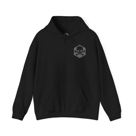 Black hoodie with a bolt head and skull and crossbones on the front. emphasizing pride in the millwright profession with a bold statement.