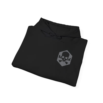 Black hoodie closeup with a bolt head and skull and crossbones on the front. emphasizing pride in the millwright profession with a bold statement.