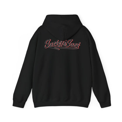 Black back hood up hoodie with 'Sucks to Suck' in stylish script, tailored for millwrights, perfect for making a bold statement.