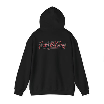 Black back hood up hoodie with 'Sucks to Suck' in stylish script, tailored for millwrights, perfect for making a bold statement.